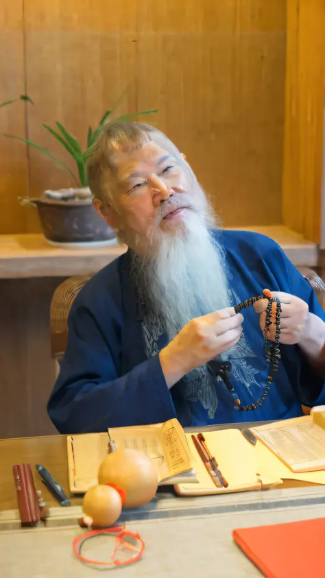 arafed man with a long white beard sitting at a table with a rosary, taoist, daoist, ueshiba riichi, chiba yuda, ukrainian monk,...