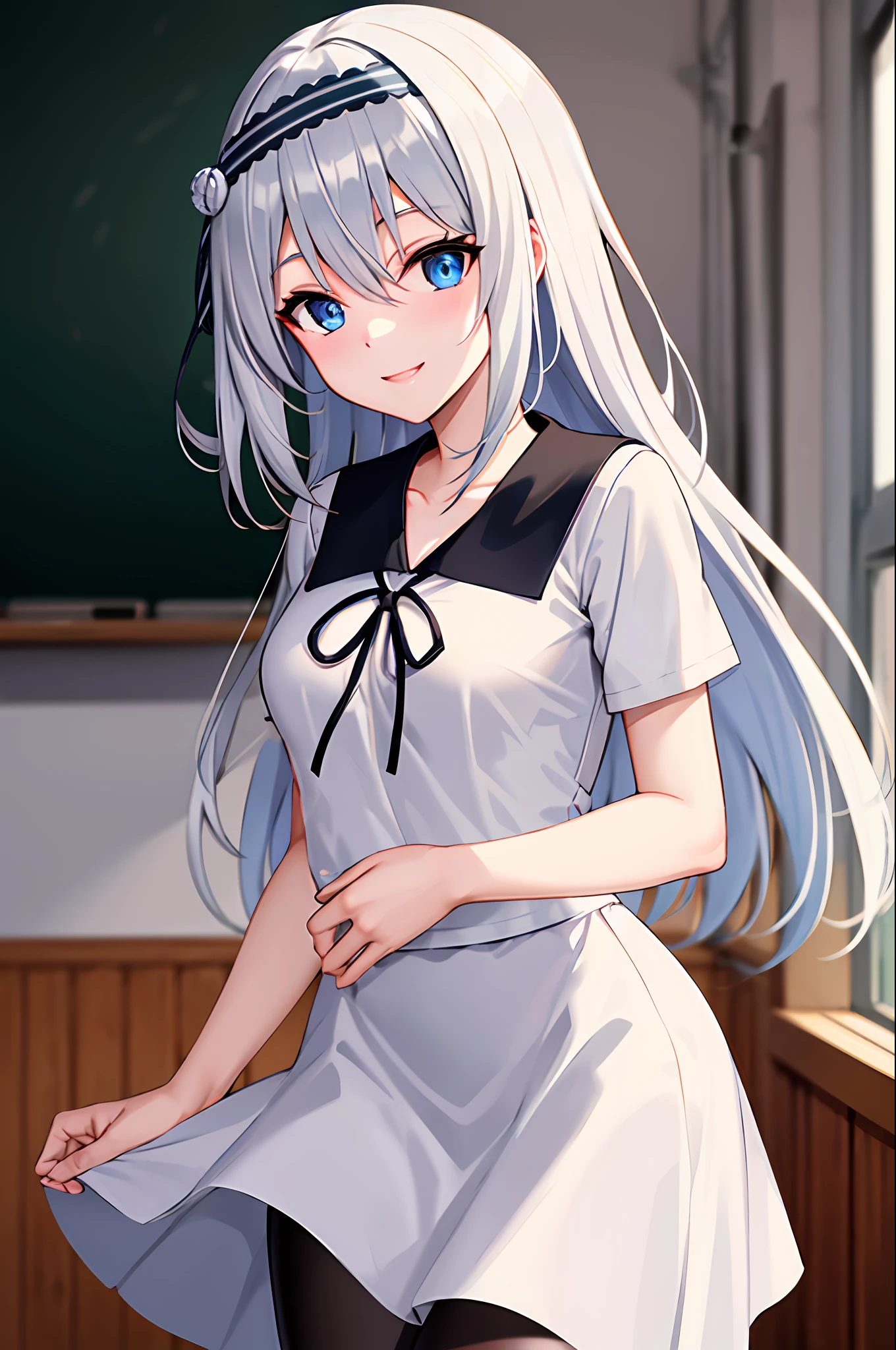 masterpiece,best quality, highres, kei1, 1girl, solo, blue eyes, long hair, white dress, short sleeves, ribbon, bangs, collarbone, grey hair, white skirt, black hairband, black pantyhose, neck ribbon, hair between eyes, medium breasts, sailor collar, cowboy shot, classroom, smile,