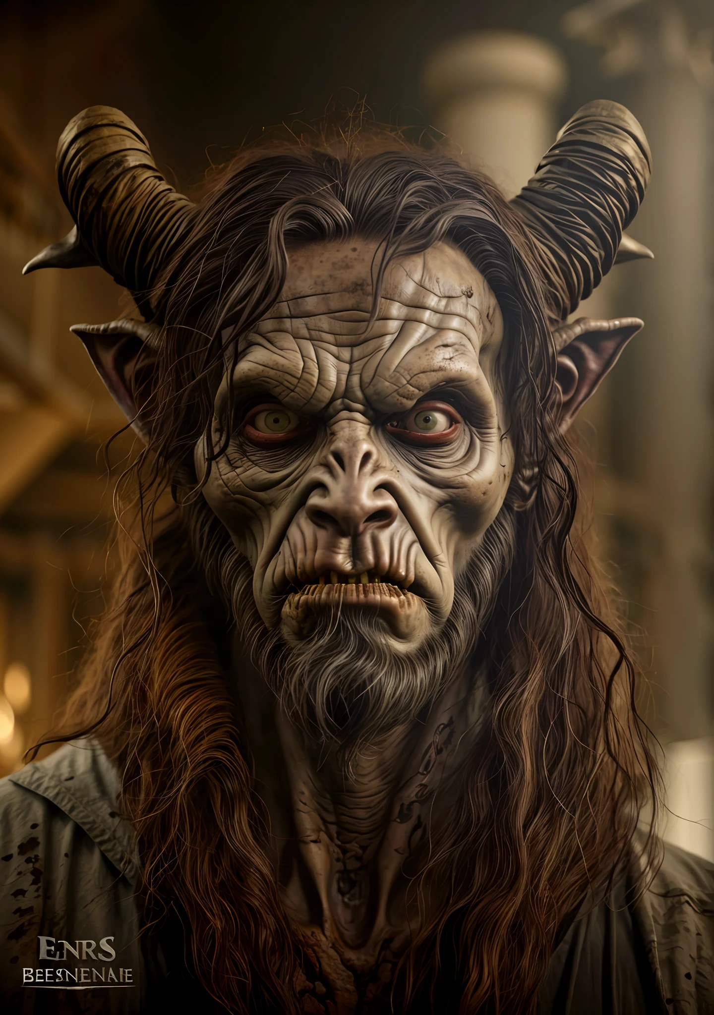 a close up of a man with a goat's head and long hair, frank dillane as a satyr, satyr, um lobo minotauro, conceito de beastman, Retrato de um Minotauro, monstro de fantasia hiper realista, com chifres, conceito de criatura realista, Retrato de um lobisomem, personagem de fantasia hiperdetalhado, Centauro macho Centauro quimera, deus com chifres