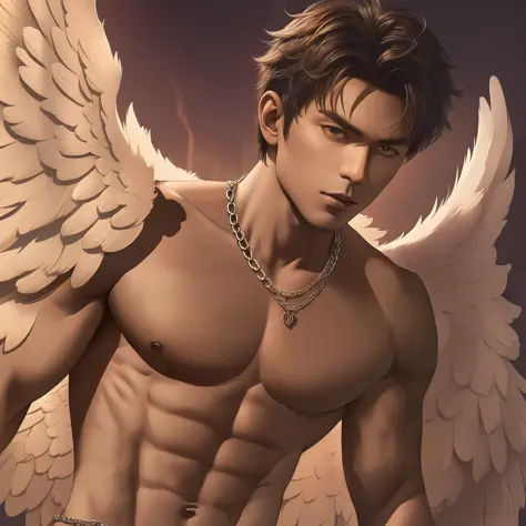 short haired guy with angel wings 6 wings 6 pack body wearing open chest shirt with chain necklace, 8K high definition sun cloud...