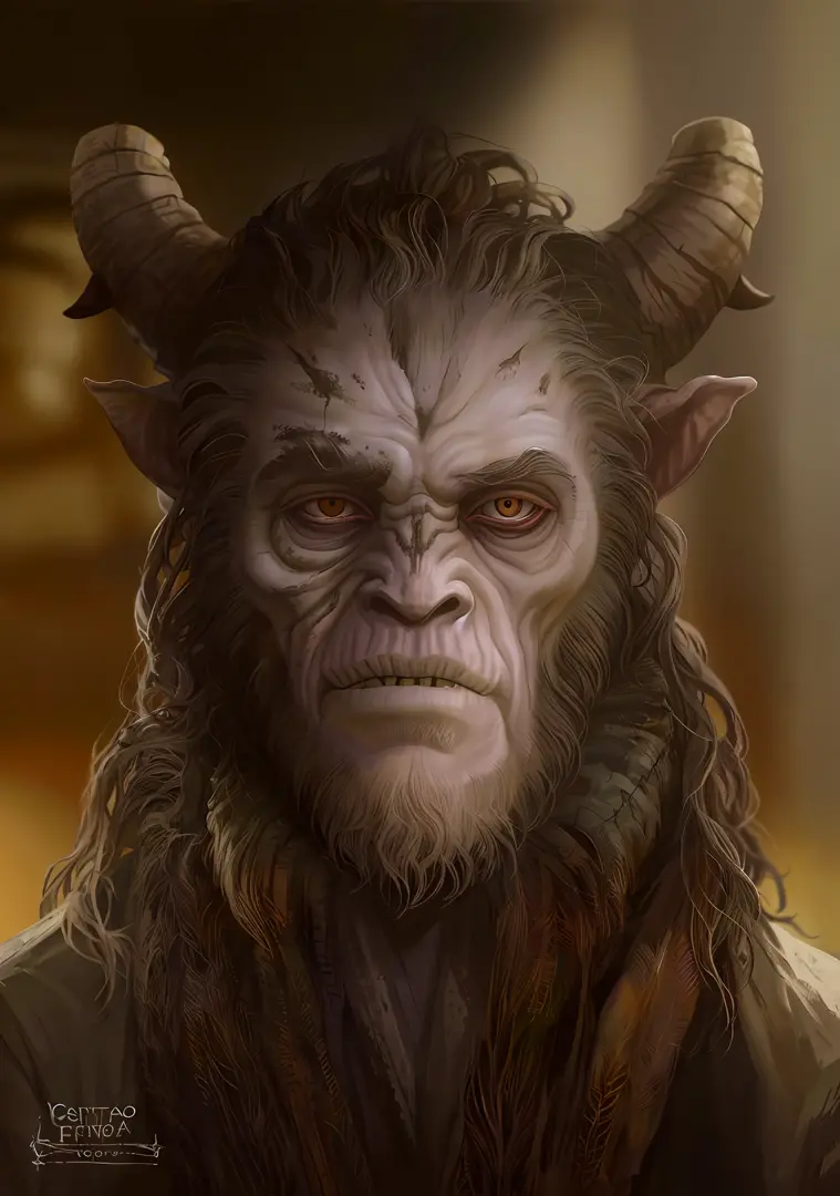 a close up of a man with a goat's head and long hair, frank dillane as a satyr, satyr, um lobo minotauro, conceito de beastman, ...