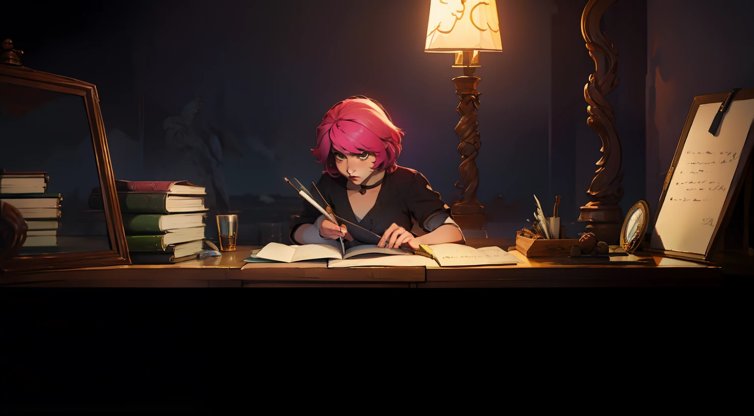 girl writing at a desk in her room