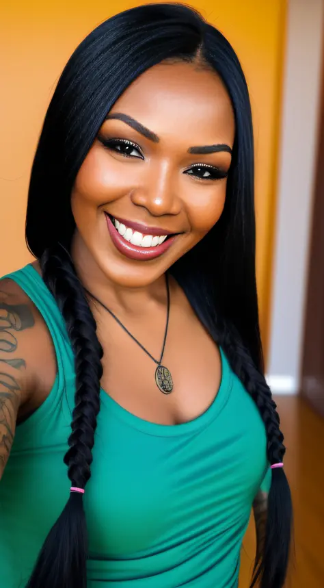 a woman with long black braided teal hair wearing a green top, by Willian Murai, featured on instagram, tachisme, wearing several pendants, cheeky smile, wearing shipibo tattoos,  closeup - view, 8k selfie photograph, vanessa blue, wearing two metallic rin...