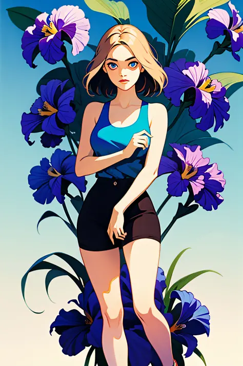 masterpiece, best quality, 1girl, blue tank top, star iris eyes, big thighs, blue flower field