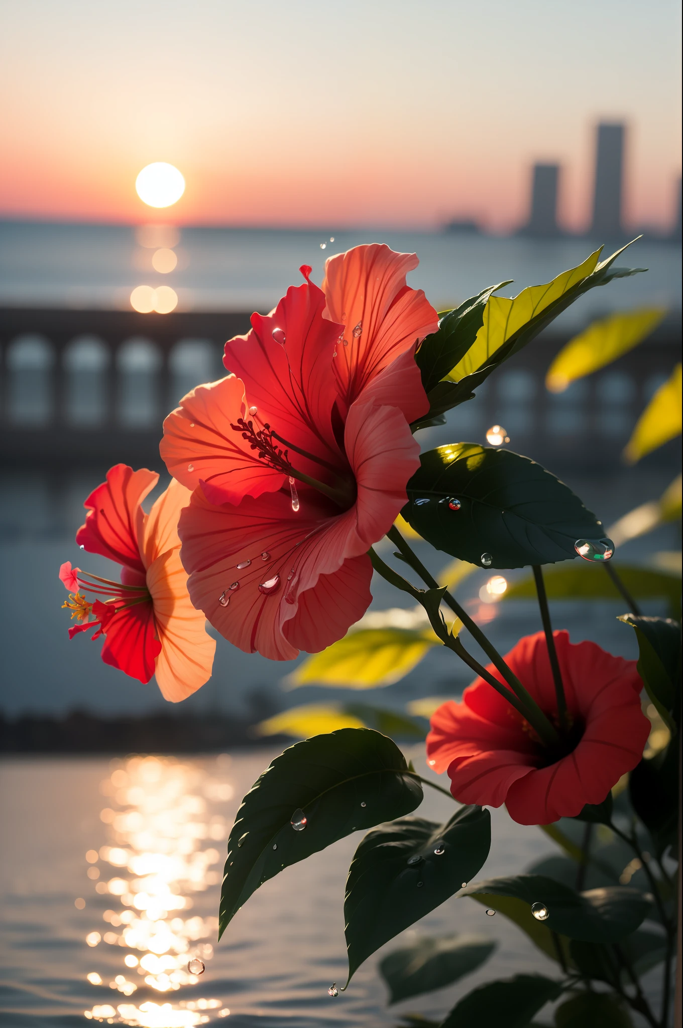 Luna de hibisco con gotas de agua.,resplandor de neón, fondo aleatorio, Amanecer, estado de ánimo bokha