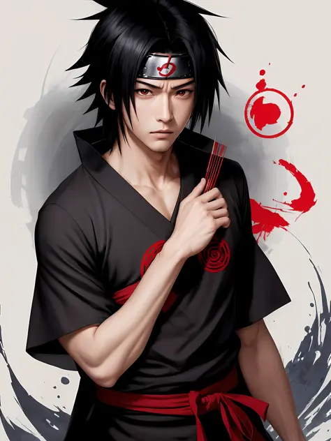 ''Uchiha Sasuke is one of the most handsome characters in the series, with a handsome face. He wears the traditional clothes of the Uchiha clan with the Konoha emblem on the sash and the clan emblem on the shirt. Focus on drawing close-up eyes drawing the ...