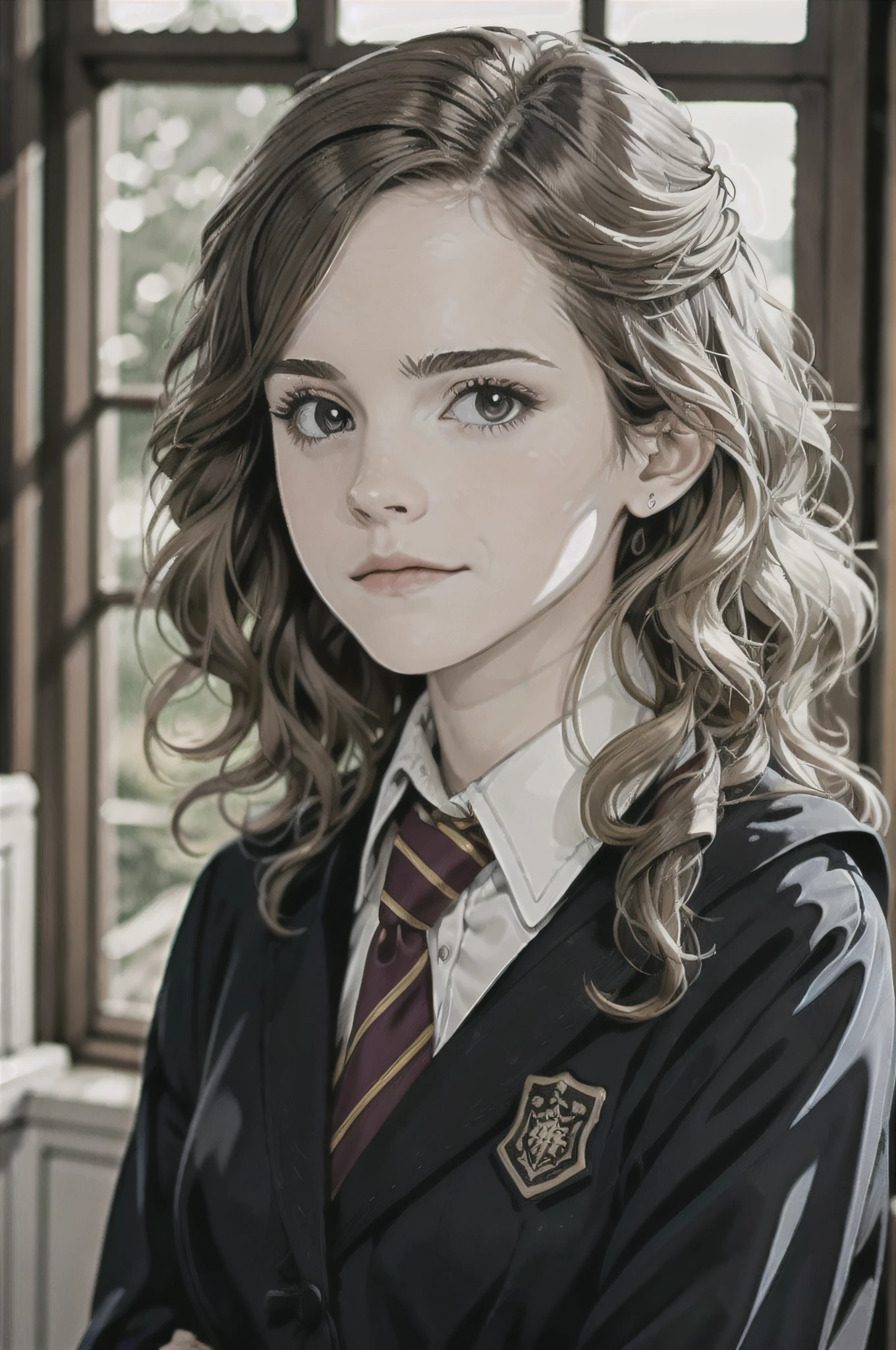 ((Luz tenue, mejor calidad, 8k, Obra maestra: 1.3)), enfoque claro: 1.2,1 chica,Hermione como estudiante en la Casa Gryffindor，Vistiendo el uniforme de la Academia.。Este uniforme suele incluir una corbata a rayas.、abrigo negro、Mantón gris、camisa blanca y falda negra,místico，profundidad de campo