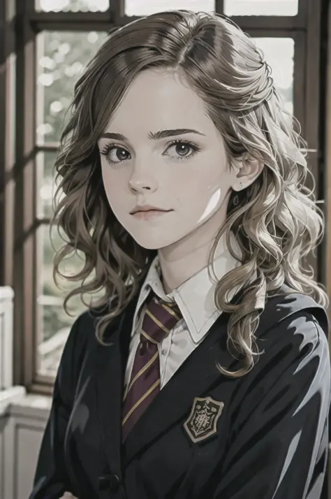 ((Soft light, Best quality, 8K, Masterpiece: 1.3)), Clear focus: 1.2,1女孩,Hermione as a student at Gryffindor House，Wearing the u...