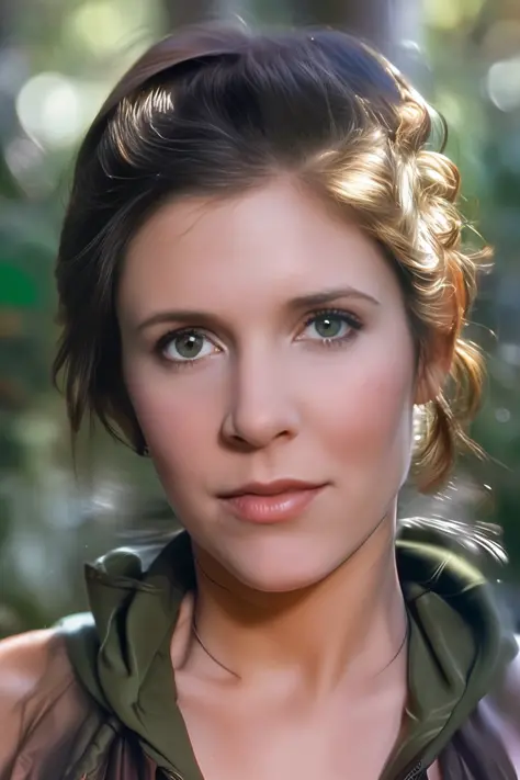 medium shot color photograph of carrie fisher_v1(wearing a olive-green cloak), in the woods, winter, (short bronze hair bun), Ev...