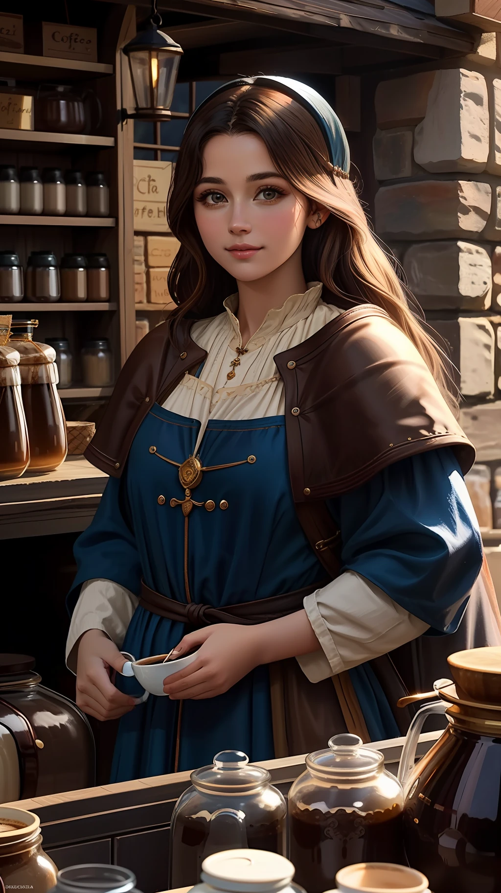 professional photo of vendor (coffee), (medieval shop:1.2),
detailed skin, detailed eyes, character D&D style,
volumetric light, highrez, masterpiece, best quality,