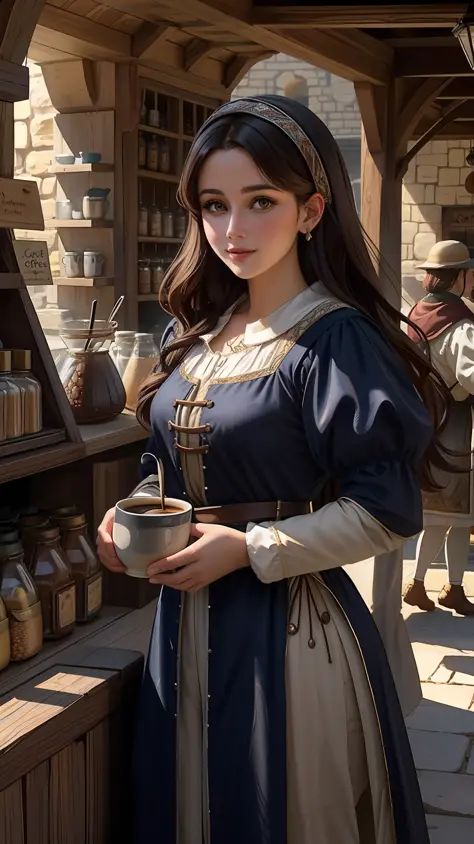 professional photo of vendor (coffee), (medieval shop:1.2),
detailed skin, detailed eyes, character d&d style,
volumetric light,...