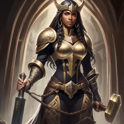 Uma linda elfa negra de longos cabelos brancos e cacheados usando uma armadura completa, holding a war hammer in his right hand ...