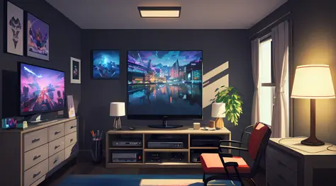 (masterpiece), (best illustration),(no humans), anime background, gaming bedroom, television with large computer, ring lighting ...