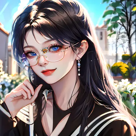 (absurdres, highres, ultra detailed, HDR), masterpiece, best quality, anime boy with black hair, blue eyes and glasses, 1 boy, smile, sunshine,  garden, handsome, long hair, villa, looking at viewer, detailed face, ( black shirt ), cool boy, cold male, 8K,...