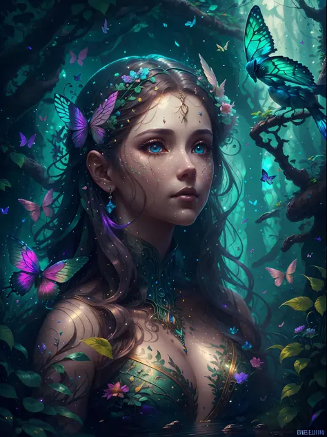 generate a petite and regal female forest nymph ((created in the style of Ruan Jia artstation)). head, torso, hips in frame. The woman should have a beautifully detailed face and eyes with realistic shading and realistic details. Her mouth should be wide, ...