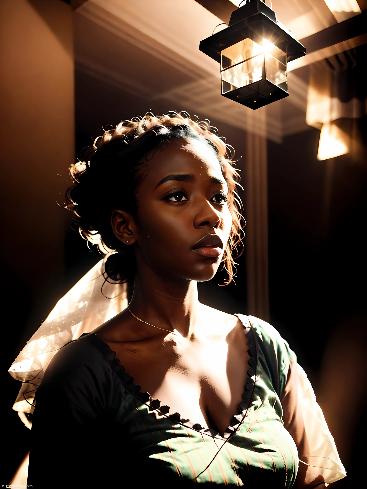 تصوير فوتوغرافي سينمائي مفصل للغاية لشبح جميل ((بشرة داكنة)) امرأة أفريقية داخل شقة, يرتدون ملابس بيضاء, باوهاوس-esque, مفرط التفاصيل, مشؤومة, أثيري, الإضاءة الدرامية, تباين ناعم, تلاشى