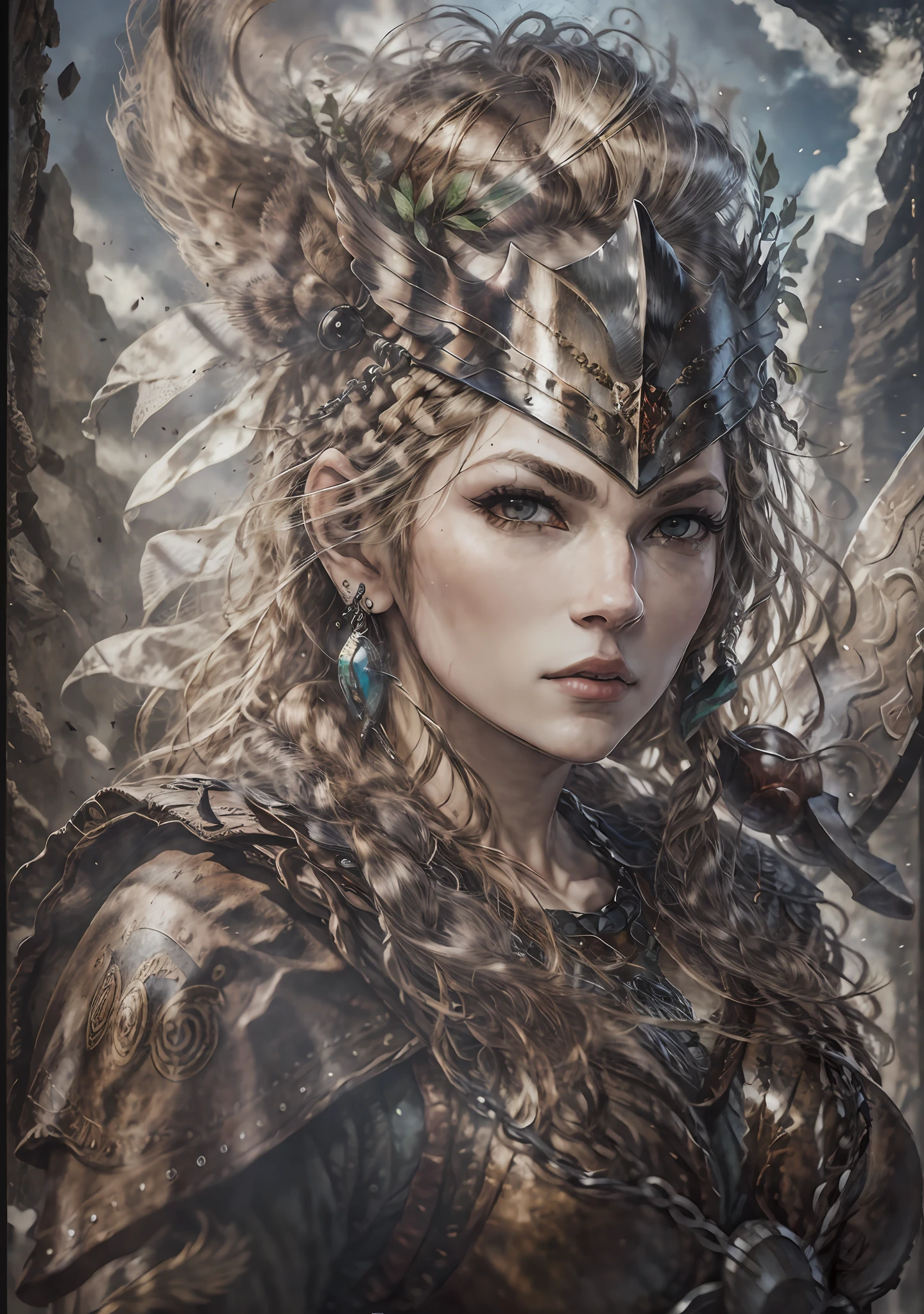 Norse Valkyrie Warrior, carrying a beautiful shield, silver armor, face covered in mud. best qualityer, detailded, 8K, HDR