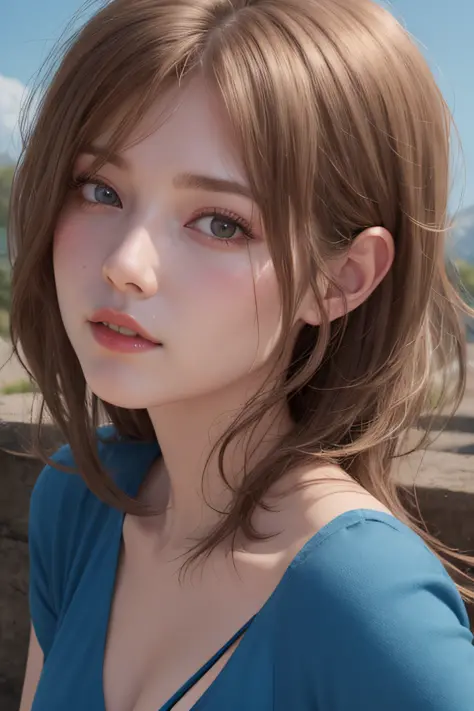 Alafed woman with short brown hair and blue dress poses for photo, photorealistic anime girl render, soft portrait shot 8 k, kaw...