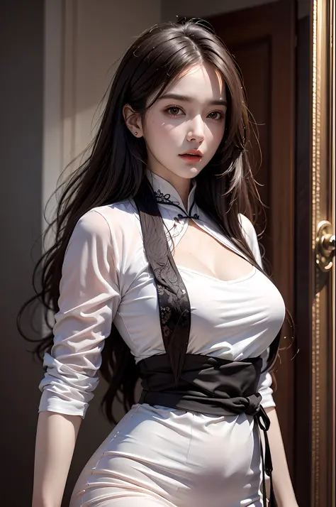 Best quality, masterpiece, ultra high res, (photorealistic:1.4), raw photo, (perfect body shape), 1girl, detailed face, white wavy hair, waist up, solo, aodai