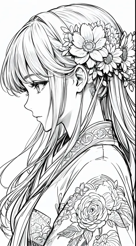 masterpiece, acura, doll, solo, hanfu, long hair, profile close-up, flower line drawing background, white background, monochrome...