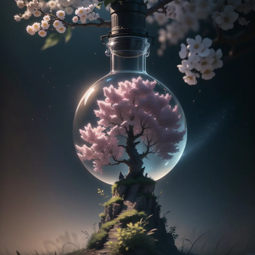A fantastic art tree in a bottle, fluffy, realistic, photographic, classic, dreamy, artistic, brilliant leaves and branches with flowers on its head. Hyper-detailed photo realism by Greg Rutkowski - H1024W 804 | F16 Lens Marker 2:2 S 35555 mm Film Particle...