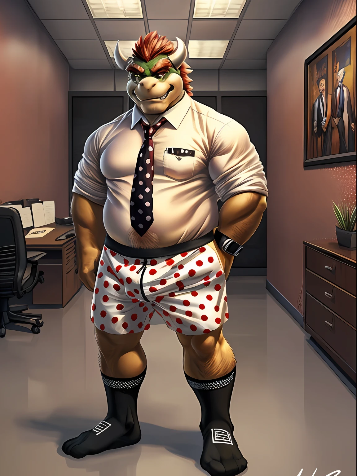 Cartoon of a man in a tie and polka dot shorts in an office - SeaArt AI