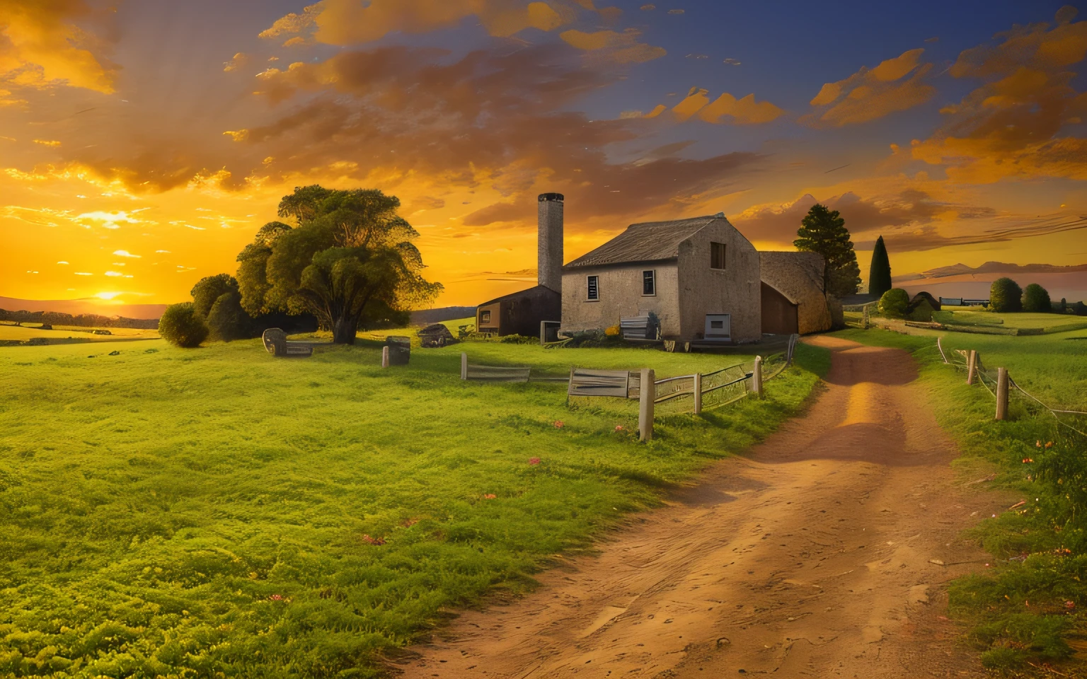 Casa Arafed em um campo com uma estrada de terra que leva a ele, Quinta, papel de parede de alta qualidade, amazing wallpaper, papel de parede bonito, papel de parede hd, esplendor rural, country landscape, HD detalhado, ao lado de uma casa de fazenda e um celeiro, campo, medieval village on the plains, cena quente e bonita, green field with village ruins, high quality desktop wallpaper