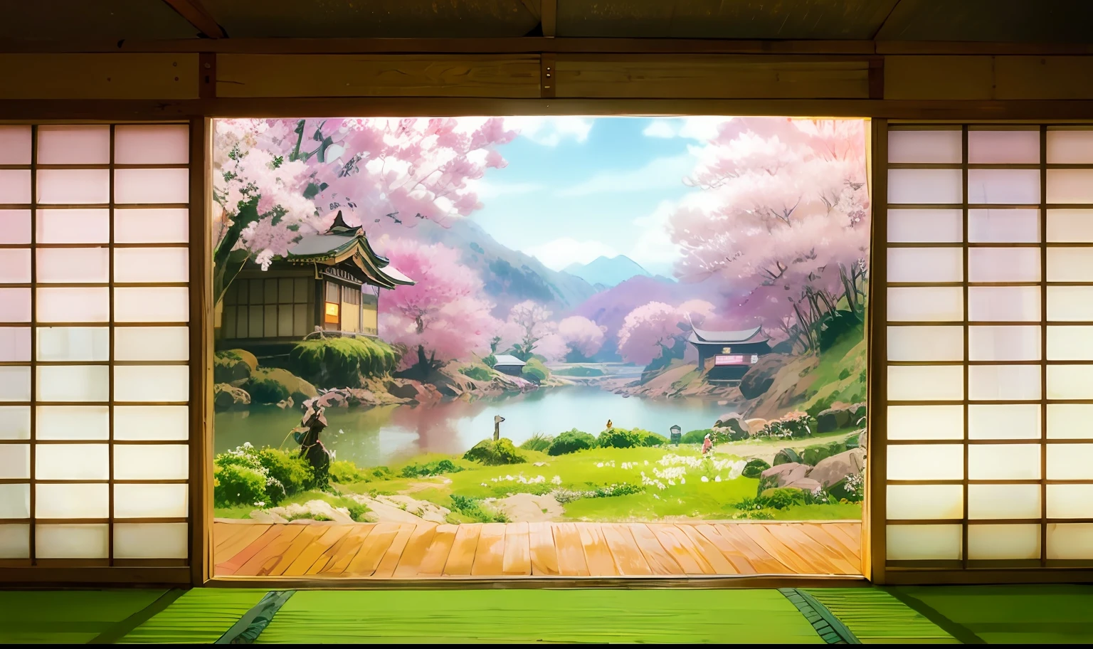 アニメ-桜、アニメの背景 art、アニメ風景コンセプトアート、美しいアニメの風景、竹垣、日本のアートスタイル、本丸、日本庭園、和室から見た庭、美しいアニメシーン、リアルなアニメスタイル、アニメ風景、日本の伝統的なコンセプチュアルアート、アニメの背景、美しいアニメアートワーク、アニメーションマンガアーティストのスタジオで描かれた美しいデジタルアートワーク。