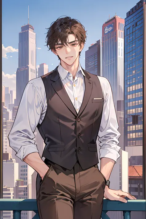 official art, masterpiece, sharp focus, (handsome korean man:1.3), (korean man:1.3), youthful face, clean-shaven face, Delicate and beautiful hair and eyes and face, handsome man, large office, large window office, city scenery, (sidelighting:1.2), lean, m...