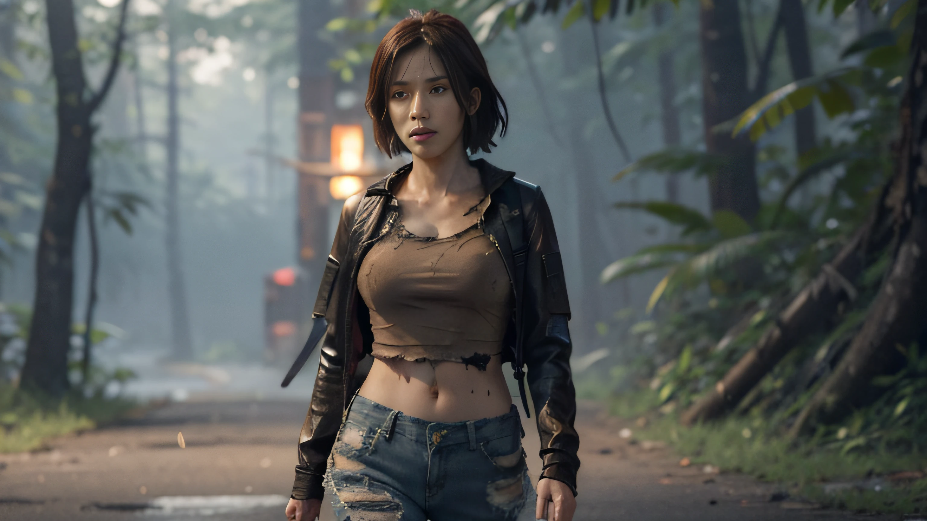 Mulher cabelo longo preto, Moleton Marrom, mochila marrom, jean pants, Forest destroyed, Hyper realistic cinematic lighting super details skin texture is a lot of detail, chovendo, chuva intensa, noite, survival, destruction, 8k, Ultra HD | |