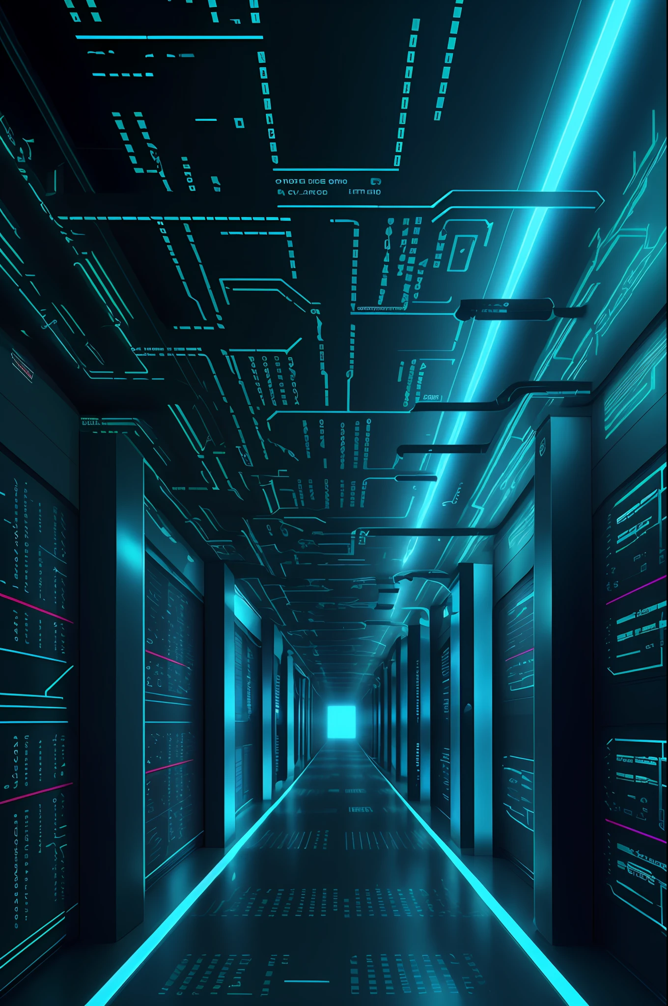 cyberespace, un long couloir, grilles de stockage, codes