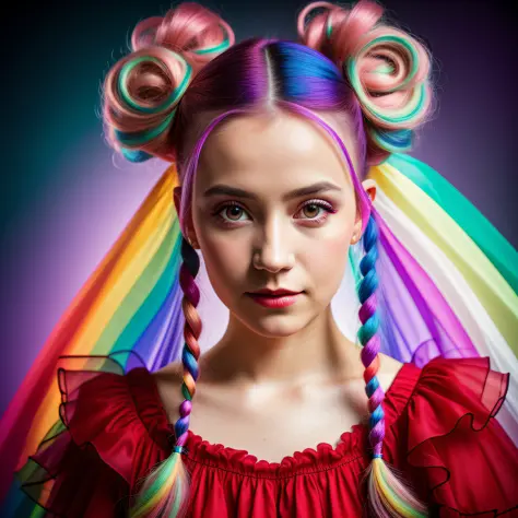 portrait of a woman, wearing organza , with rainbow colored pig tails hair , red victorian dress, background stylish epic photo, studio lighting, hard light, sony a7, 50 m