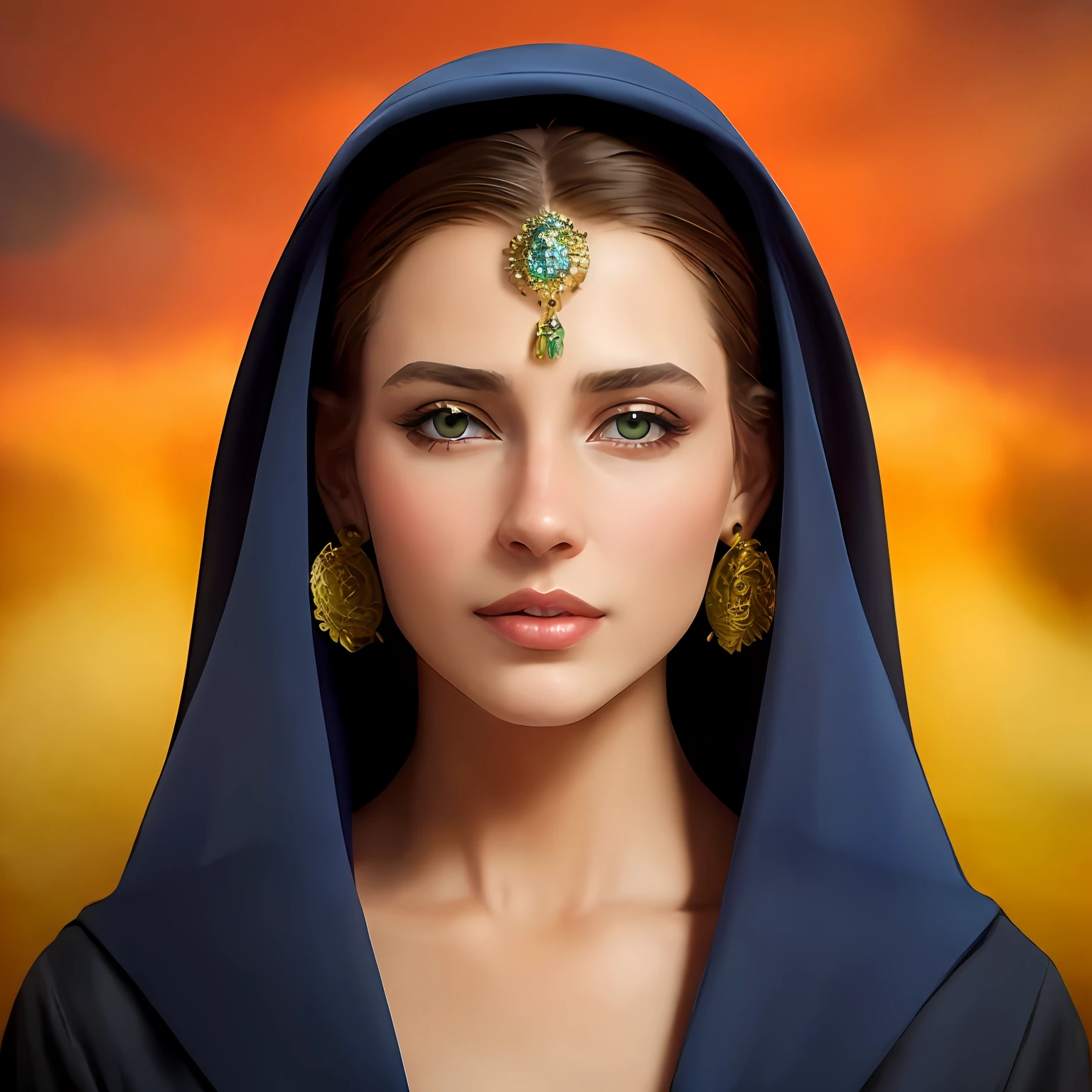 arafed woman in a blue veil with a gold and green broocher, detailed face of an arabic woman, Retrato de primer plano de la diosa, Un impresionante retrato de una diosa, 3 D Retrato de la Diosa, arabian beauty, Retrato de una hermosa diosa, arabian princess, beautiful arab woman, Piel de Oriente Medio, high quality fantasy stock photo, Toma de retrato, Mujer de belleza con caras detalladas