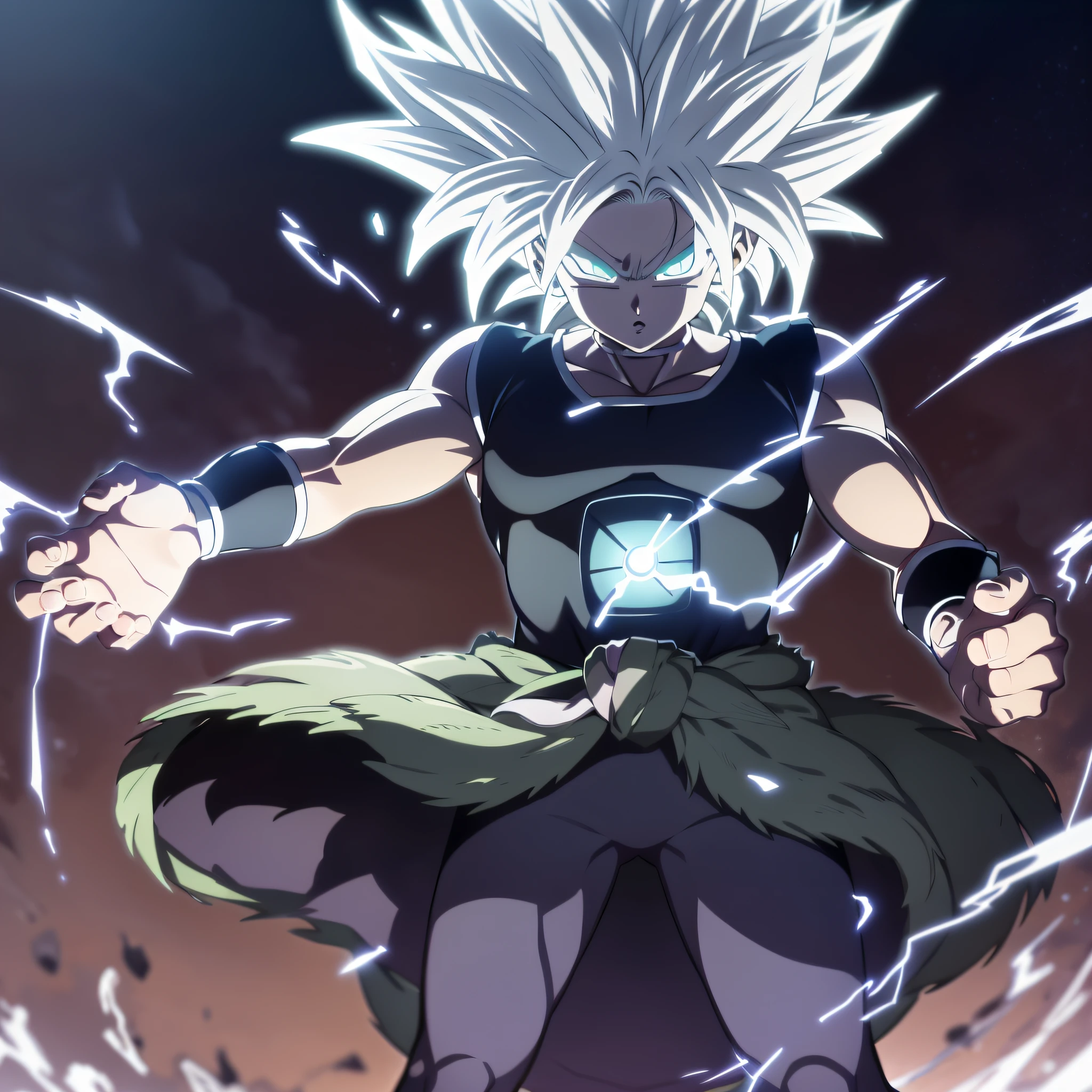 fusión de los personajes Broly de Dragon Ball y Killua de HunterxHunter, atmósfera relámpago, muscular, Poder destructivo, super definido, forma intrincada, (anatomía perfecta)