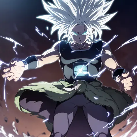 fusao dos personagens broly de dragon ball e killua de hunterxhunter, atmosfera de raios, musculoso, poder destrutivo, super def...