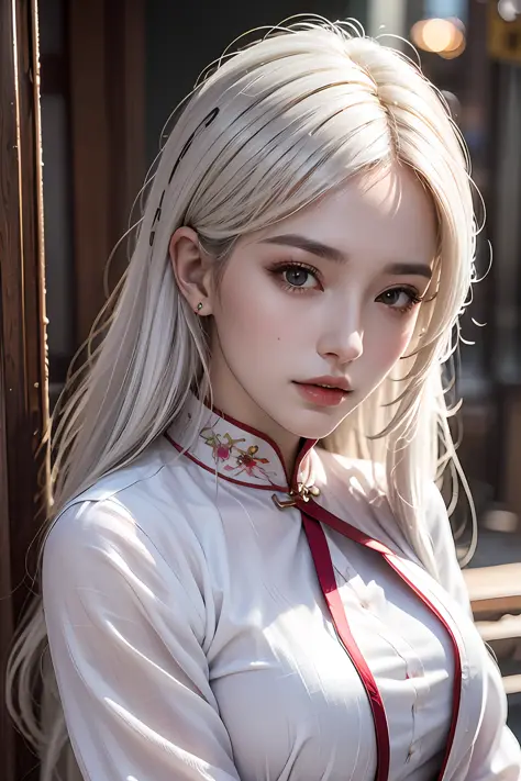 best quality, masterpiece, ultra high res, (photorealistic:1.4), raw photo, 1girl, white hair, waist up, close up, solo, aodai