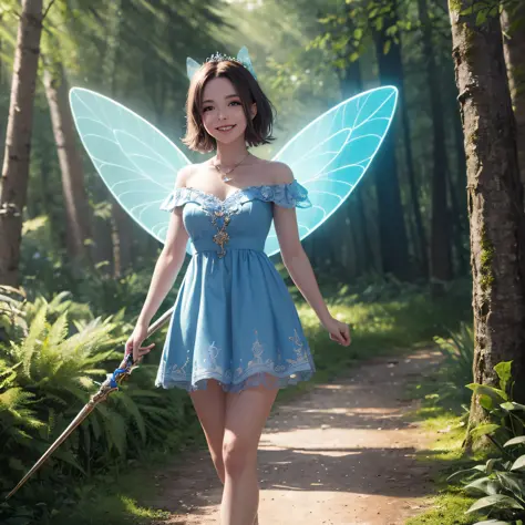 cute miniature, beautiful fairy, blue dress, perfect face, blue eyes, charming wings, magic wand in hand, smiling, friendly, walking through the enchanted forest, Uhd, hd, 8k cinematic lighting, disney style, whole body, cute, smiling, unreal engine, detai...