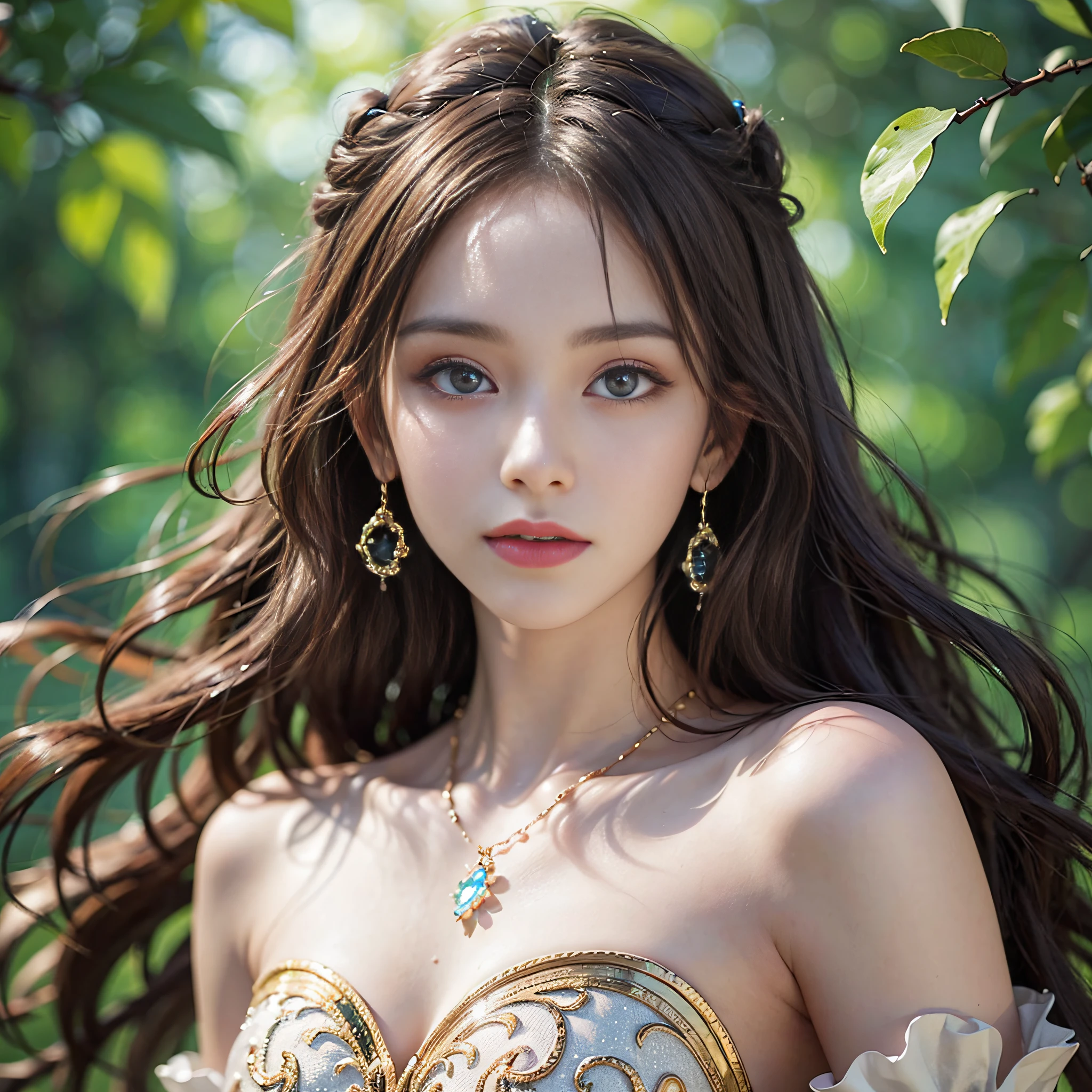 (A Masterpiece)、(maximum quality)、(Realistic)、Charming daughter、Portrait of a beautiful girl、Transparent eyes、beautifuldetailedeyes、Glitter eyes、Glowing eyes、flawless face、Beautiful nose、Beautiful mouth、Pretty lips、fine-grained skin、portrait shooting、Professional artwork、in 8K、photo-realistic、long dress、Elegant face、flawless anatomy、Perfect female body:1.4、Ultra-realistic painting:1.4、Ultra-precision painting:1.4、OTL:1.4、hq、RAW Photography、necklaces、earings、