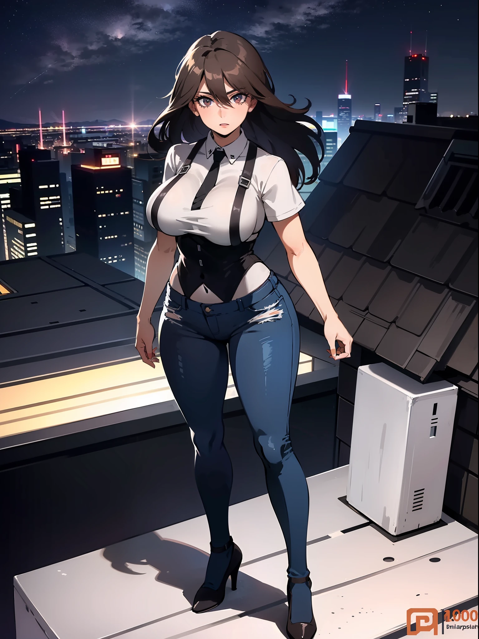 ((Midnight, Best quality, 8k, Masterpiece :1.3)), Whole body, Long legs, Sharp focus :1.2, A pretty woman with perfect figure :1.4, Slender abs :1.1, ((Dark brown hair, Big breasts :1.2)), (White tight tshirt, Jean bib, Standing:1.2), ((Night city view, Rooftop:1.3)), Highly detailed face and skin texture, Detailed eyes, Double eyelid