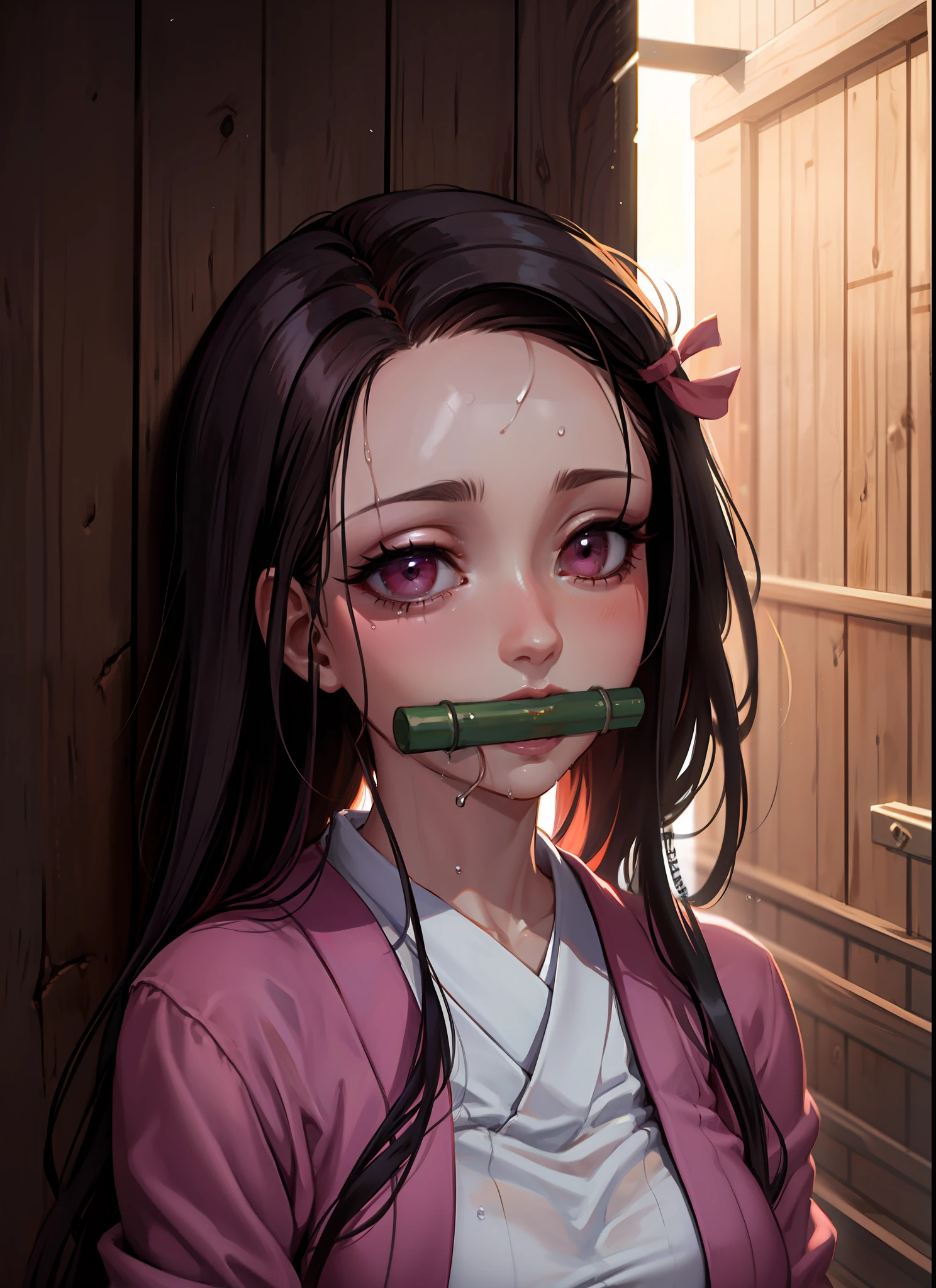 masterpiece, photography, realistic eyes, best quality, gag, bamboo, closed mouth, beautiful lighting, cinematic, 8k, 1girl, facial, wet face, liner, wooden walls, medium tits, pink kimono, kamado nezuko, pink eyes, erotica