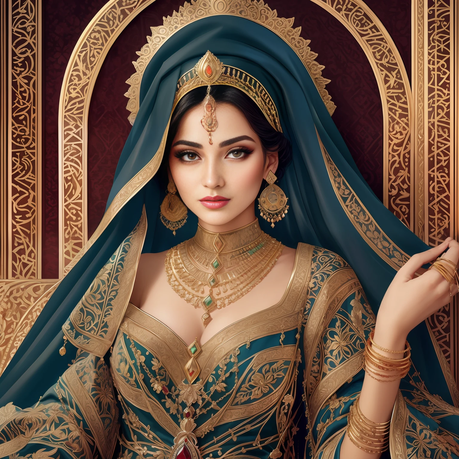 Арафедка в синей вуали с золотой и зеленой брошью, подробное лицо арабской женщины, Портрет богини крупным планом, Потрясающий портрет богини, 3D Портрет Богини, арабская красота, Портрет прекрасной богини, арабская принцесса, красивая арабская женщина, Ближневосточная кожа, Высококачественное фото в стиле фэнтези, Портретный снимок, Красавица с детальными лицами