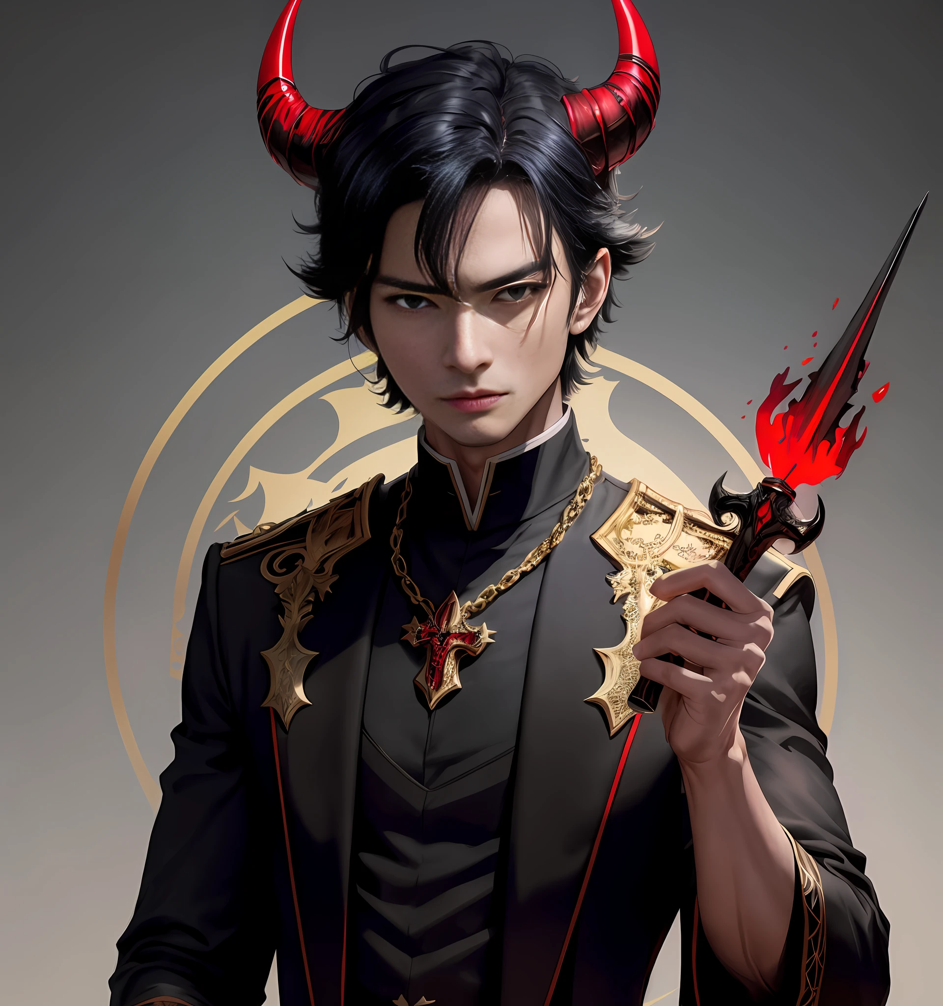 anime - style image of a male with horns and a red demon's tail ...