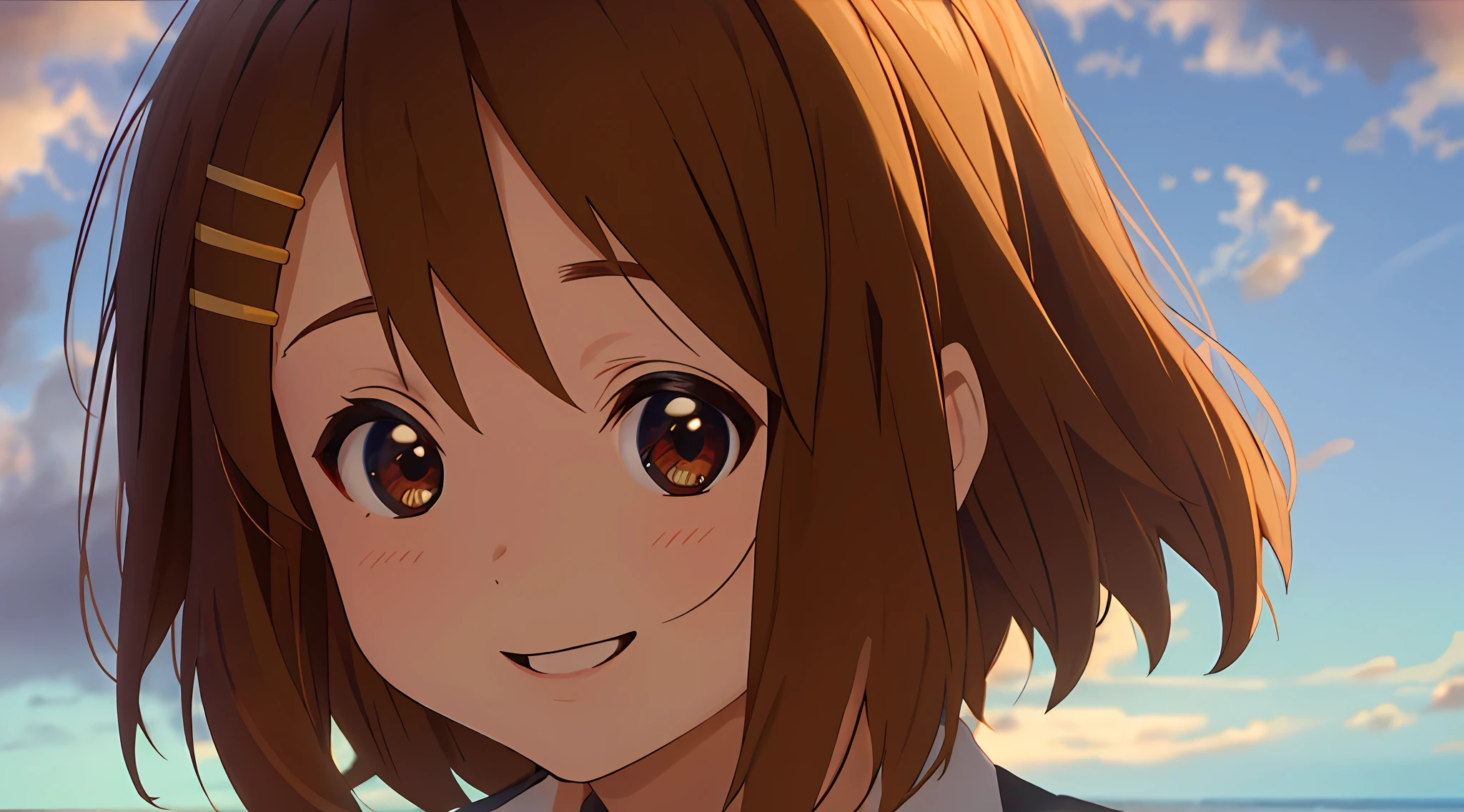 ((masterpiece, best quality:1.35)), (intricate details), volumetric light, volumetric, cinematic, light diffusion, bloom, lens reflection, dynamic light, vibrant, HDR:1.25, illustration, girl, beautiful face, (smiling), smile with teeth, (hairpins), k-on:1.15, school uniform, (Yui Hirasawa), at the beach, the ocean is in the background, she is close to the camera, looking at viewer, sunset in background, blue blazer, blue jacket, outside, clouds, sand, short hair, bangs, looking at viewer, close up, cute