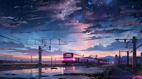 Anime train crossing track in sky background, beautiful and harmonious scene, exquisite animation, rich details (width is 672), high quality, clarity 4k, artistic 4k wallpaper, stunning anime landscape, 8k art wallpaper.