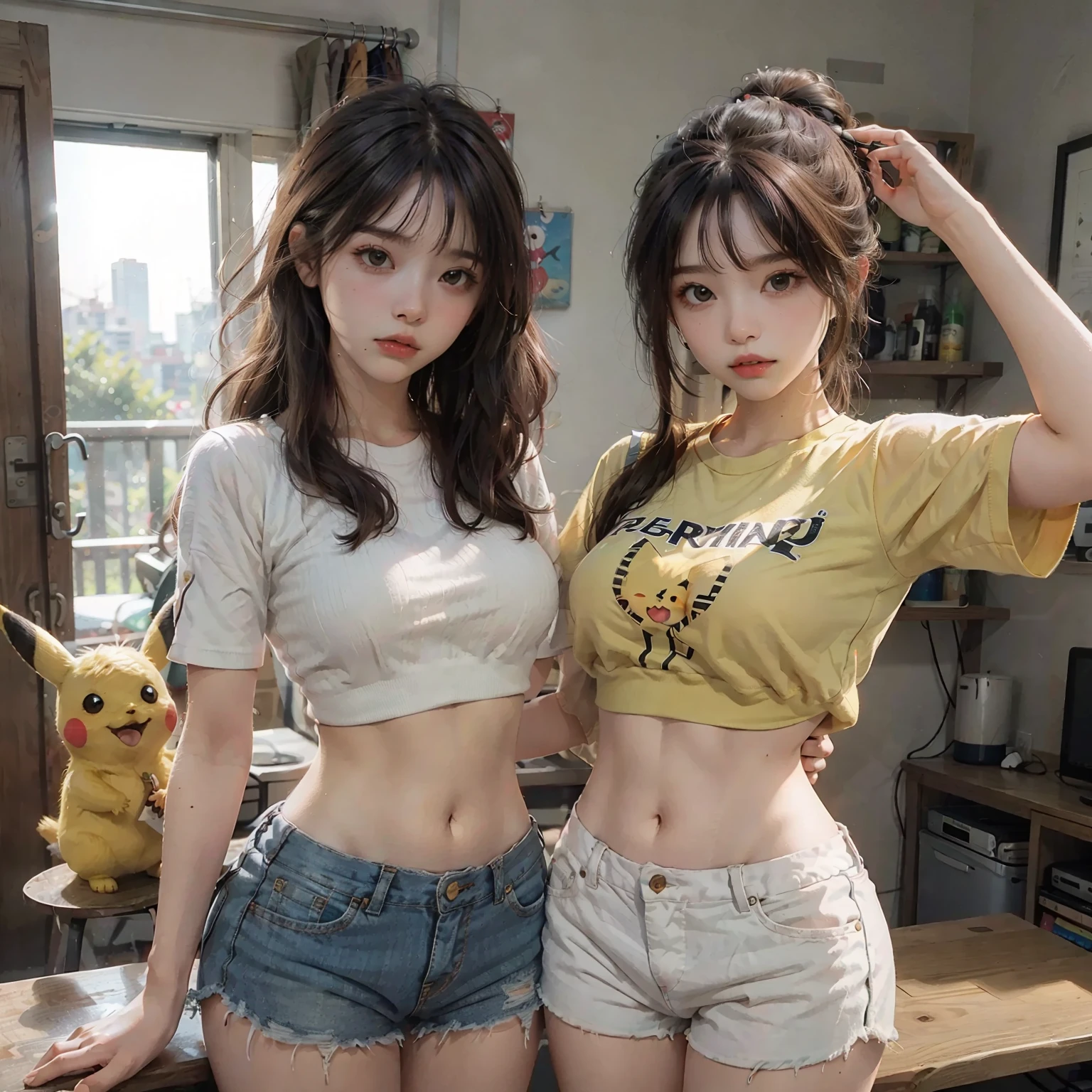 2girl, between breasts, crop top, neckleace, pikachu, shorts,, Masterpiece artwork, best qualityer, highly detailed --auto