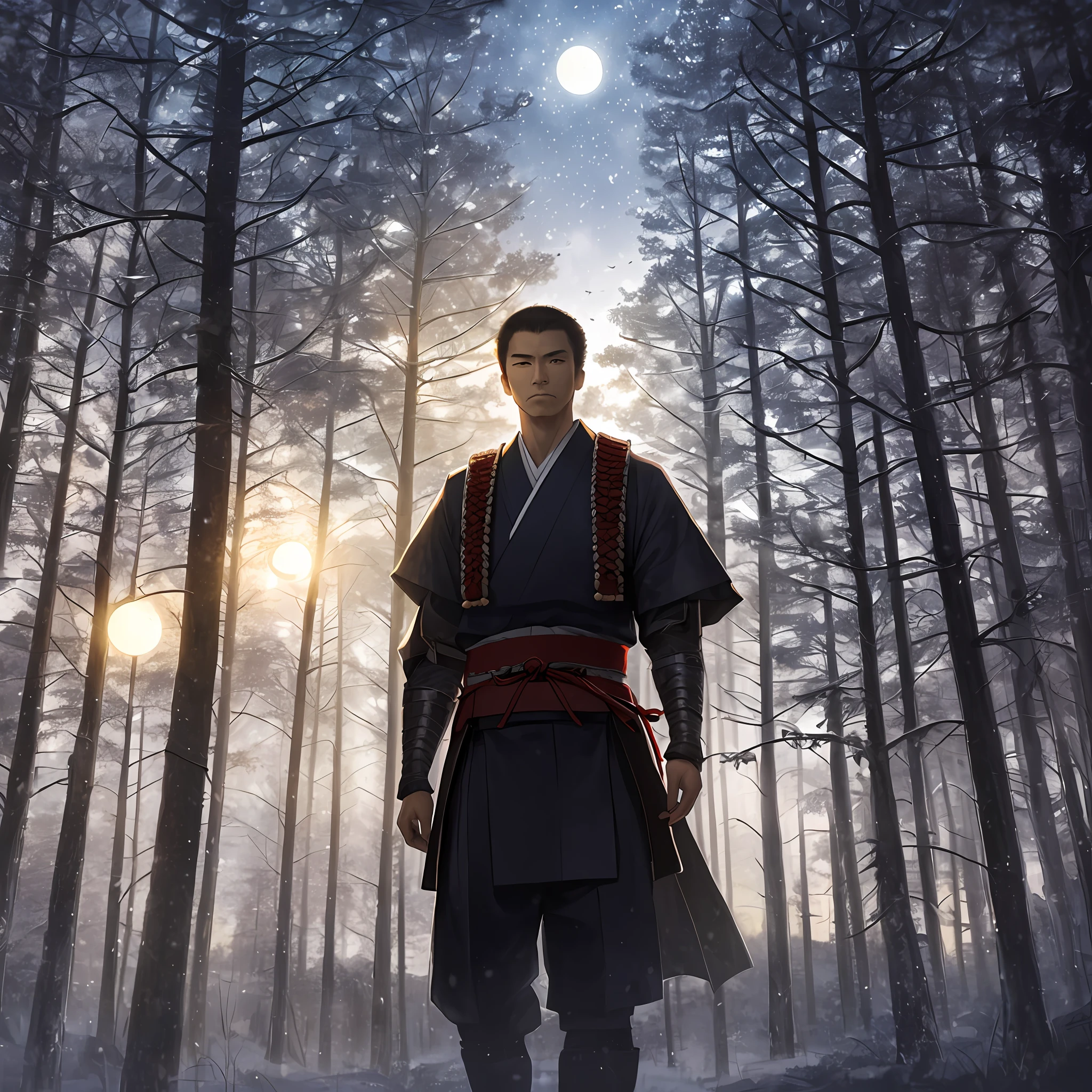 Japanese samurai warrior, forest glade at night background, moonlight, bokeh, art by jeremy mann and edvard munch, --auto