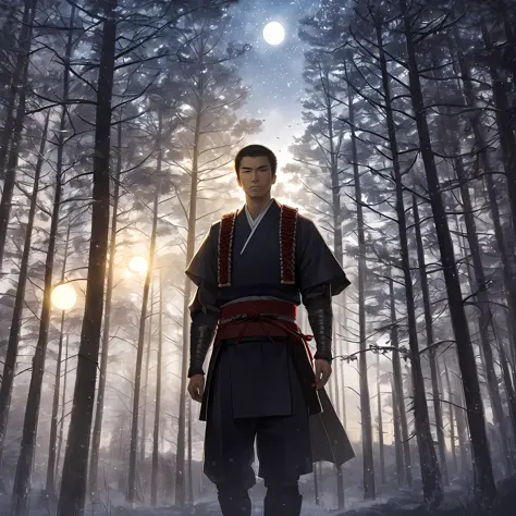 japanese samurai warrior, forest glade at night background, moonlight, bokeh, art by jeremy mann and edvard munch, --auto