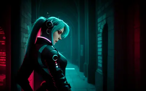 dark portrait of marvel's bloody miku hatsune with intricate angled cybernetic implants inside brutalist building, gothic brutal...