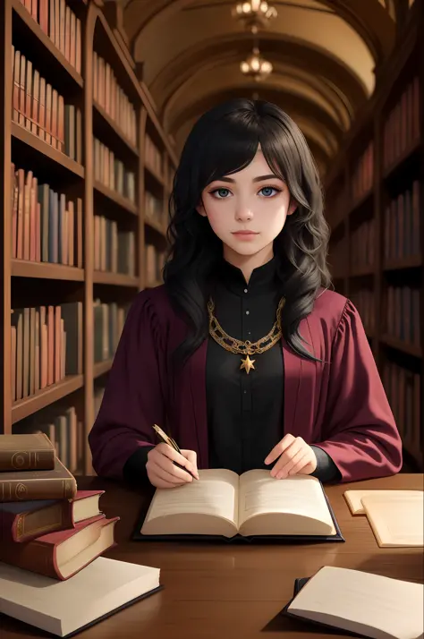 a photo of a beautiful magical academy student with ombré hair, immersed in her studies in the enchanting atmosphere of an ancie...