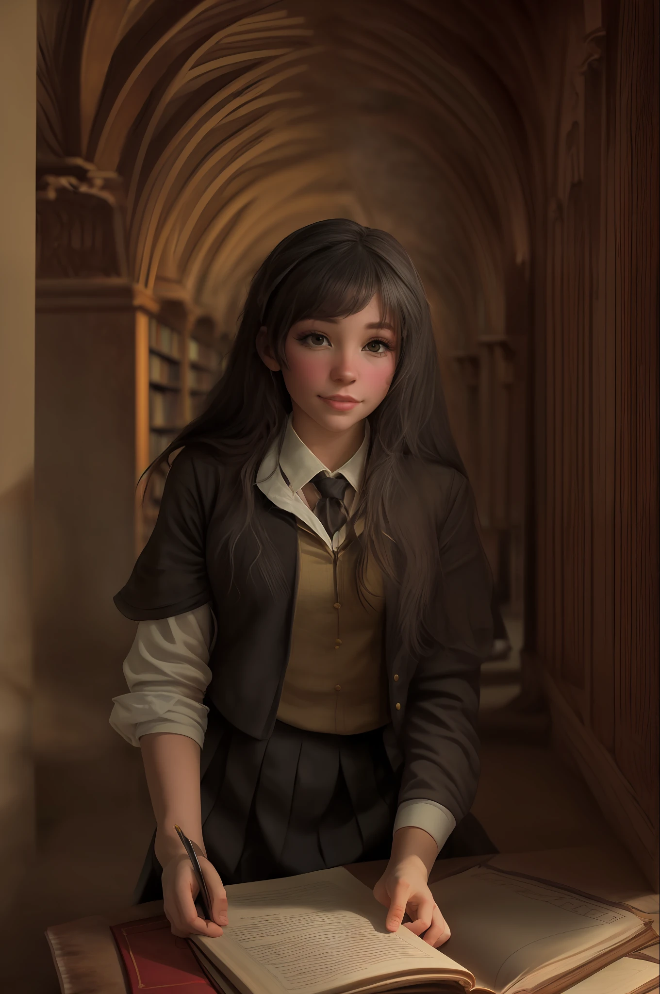 A photo of a beautiful magical academy student with ombré hair, immersed in their research, in the enchanting atmosphere of the ancient library, filled with spellbooks and magical artifacts.